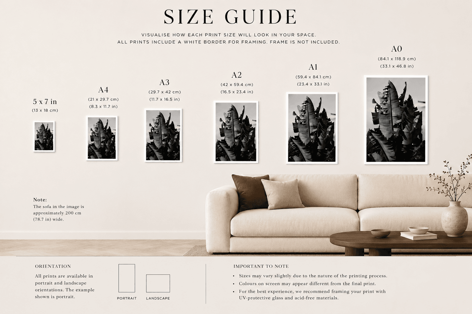 Size guide showing how each print size looks in a room